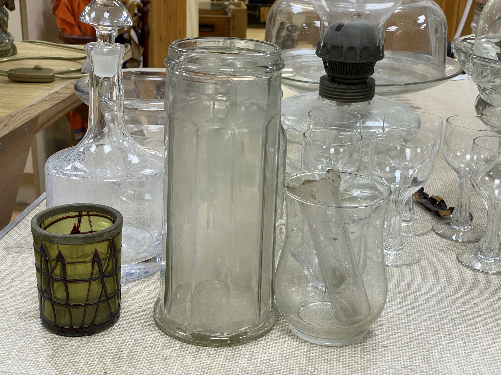 A mixed quantity of glass including a large oil lamp, reservoir and chimney